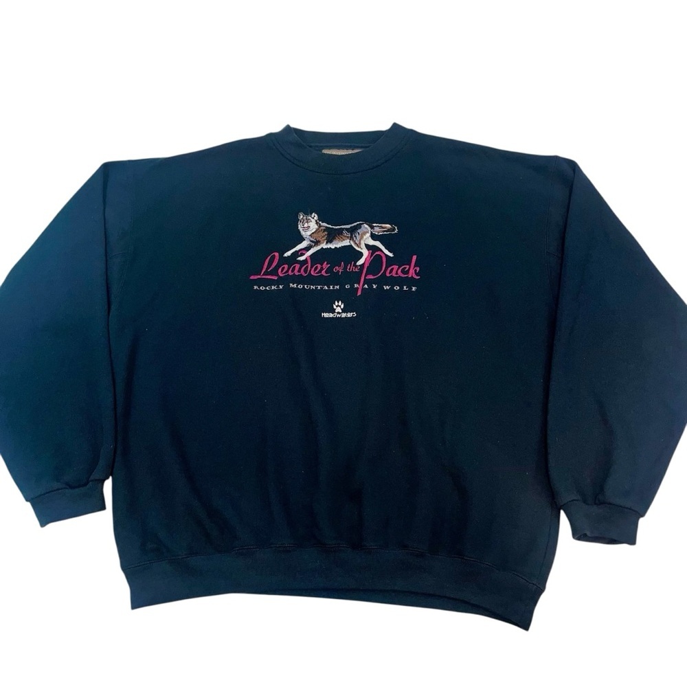 Vtg Headwaters Leader Of The Pack Wolf Embroidered Crewneck Pullover Y2K Boxy